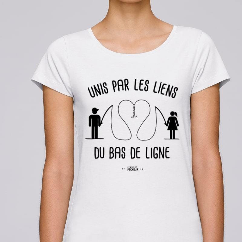 t-shirt femme pêcheuse humour - unis par les liens du bas de ligne - blanc