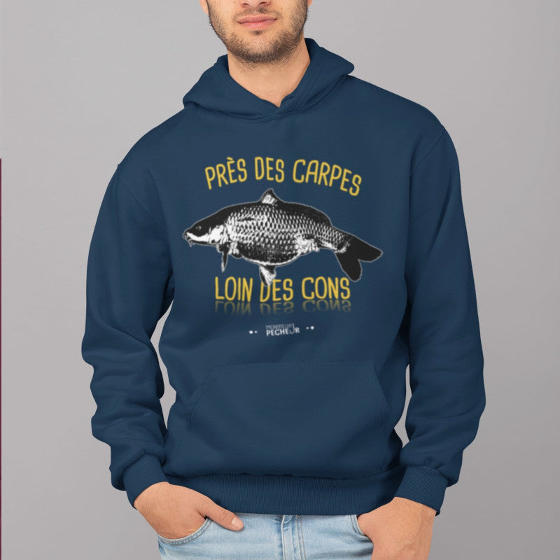 Sweat à capuche Près des Carpes Loin des Cons - Cadeau Carpiste Homme Femme - Bleu Marine