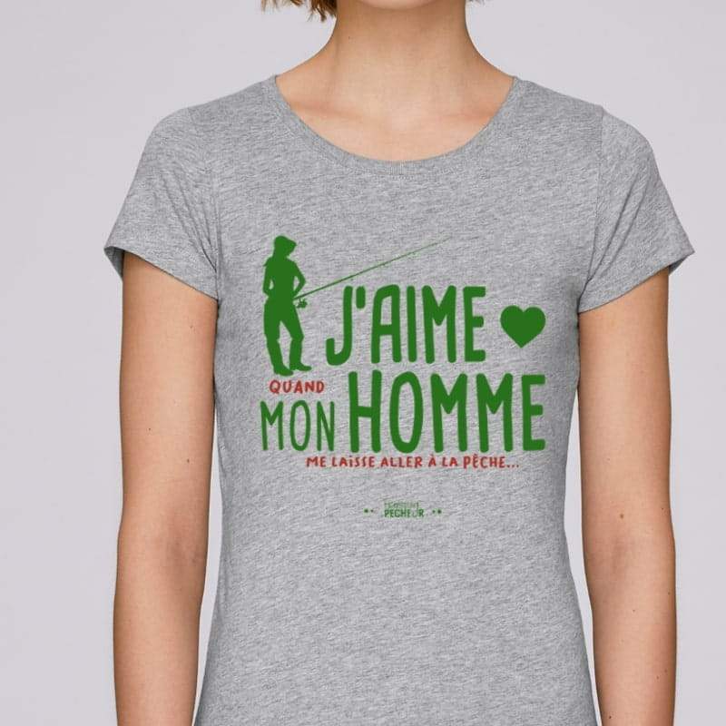 t-shirt femme pêcheuse humour j'aime quand mon homme me laisse aller à la pêche - gris chiné