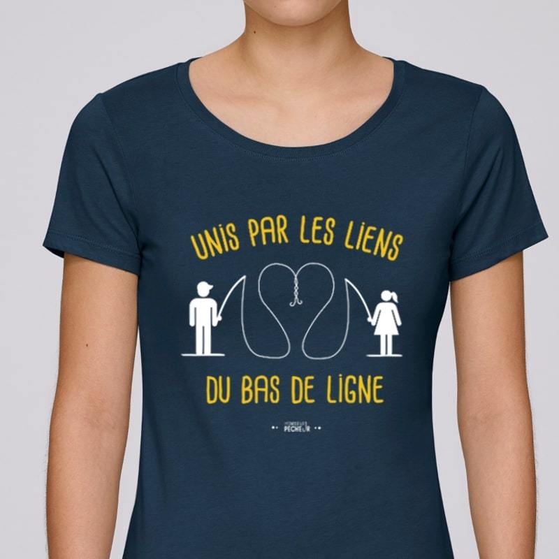 t-shirt femme pêcheuse humour - unis par les liens du bas de ligne - bleu marine